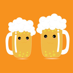 Cute beer mug mascot character in hand drawn cartoon style on orange background. vector illustration