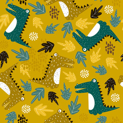 Crocodiles, leaves, hand drawn backdrop. Colorful seamless pattern with animals. Decorative cute wallpaper, good for printing. Overlapping background vector. Design illustration