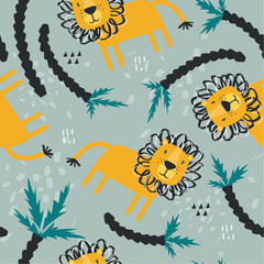 Lions, palm trees, hand drawn backdrop. Colorful seamless pattern with animals. Decorative cute wallpaper, good for printing. Overlapping background vector. Design illustration