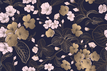 Floral vintage seamless pattern with Japanese cherry. Pink, gold and navy blue color. - 348792404