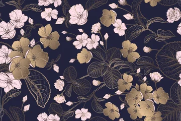 Printed roller blinds Blue gold Floral vintage seamless pattern with Japanese cherry. Pink, gold and navy blue color.