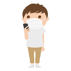 スマートフォンを持っているマスクをした若い男性のイラスト。