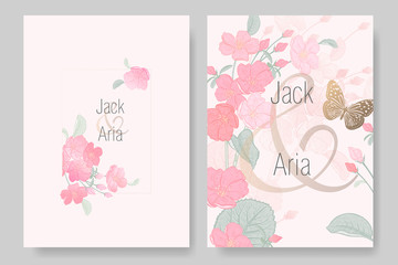 Fototapeta na wymiar Blooming Japanese cherry tree and butterfly. Wedding invitations cards set.