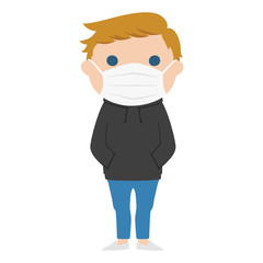 マスクをした若い金髪の男性のイラスト。