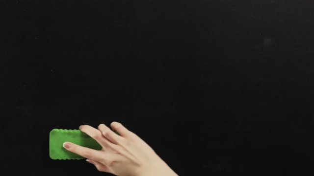 Set of 4 gesture templates. School break. Female hand erasing empty chalkboard with sponge.