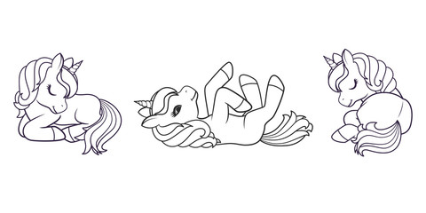 Collection of Cute Cartoon Unicorns isolated on white background. Vector illustration for coloring books © tiena