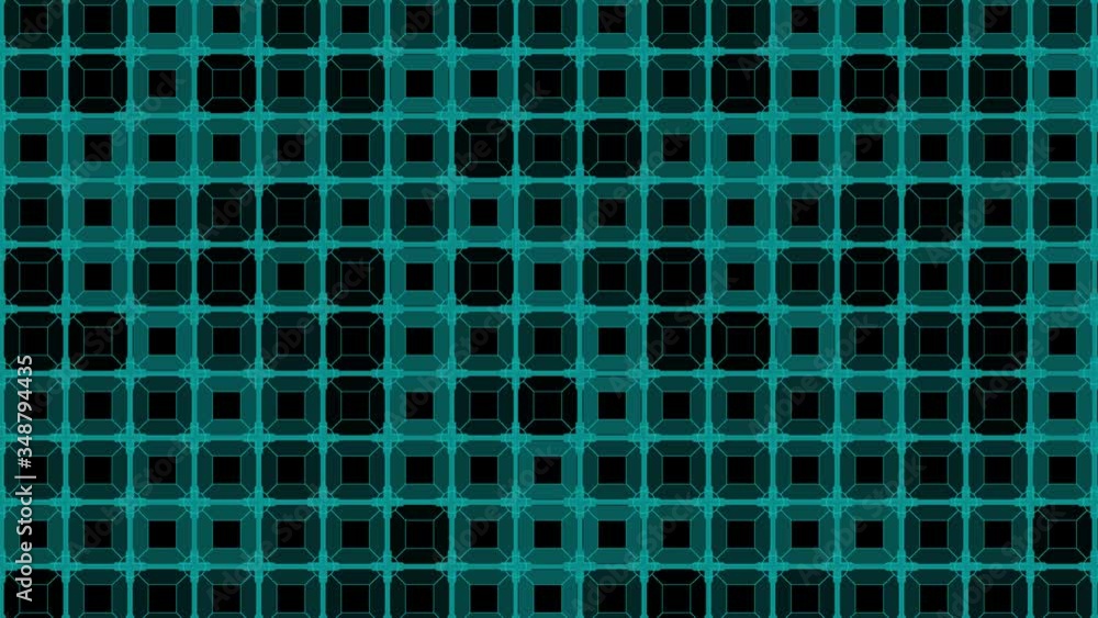 Poster tile grid animation background video - turquoise square graphic elements in random motion - seamless