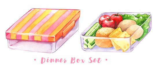 Lunch with you on the road box cover container vegetables bread eggs tomato cucumber take food healthy food watercolor isolated set