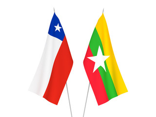 National fabric flags of Myanmar and Chile isolated on white background. 3d rendering illustration.