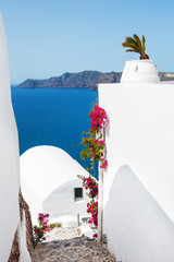 White architecture and blue sea on Santorini island, Greece. Famous travel destination