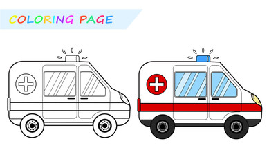 Coloring page outline of ambulance care. Vector image isolated on white background. Coloring book for kids