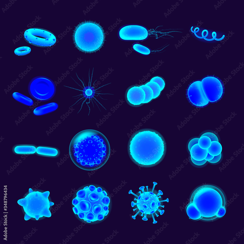 Poster bacteria realistic vector icons set. pathogen illustration. microbiological research. microbe and vi