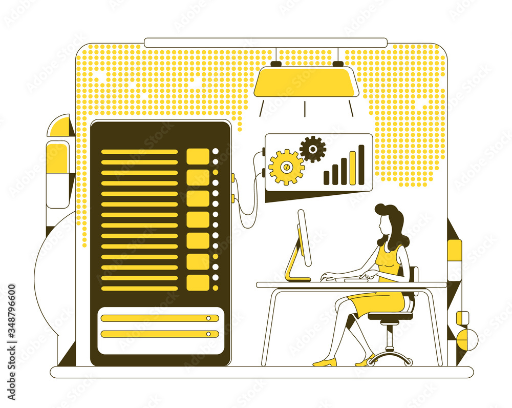 Poster data backup thin line concept vector illustration. user, sysadmin copying information from server 2d