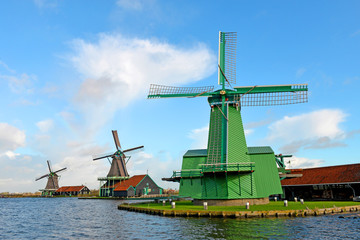 Windmills of Netherlands with blue sky