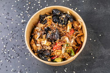 Japanese food: Soba noodles with chicken and vegetables
