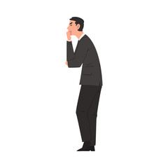Thoughtful Businessman in Suit Standing and Holding Hand on Chin, Side View Vector Illustration