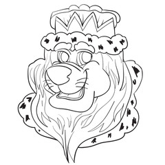 cartoon sketch of a lions head in a crown and mantle, outline drawing, coloring, isolated object on a white background, vector illustration,
