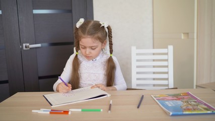 Little girl draws in an album. First-grader learns to draw at home.