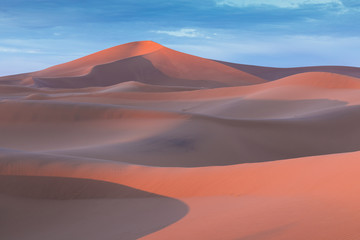 Fototapeta na wymiar Sunset over the sand dunes in the desert, California USA Discovery and adventure travel concept. Sunlight over the desert dunes.