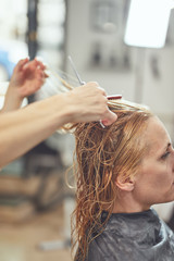 Fototapeta premium Hair dresser cutting hair in a salon.
