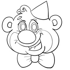 funny sketch of a bears head in a festive cap and with a butterfly, coloring, isolated object on a white background, vector illustration,
