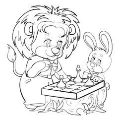 lion and hare characters play chess, cartoon, isolated object on white background, sketch, vector illustration,