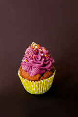 Cupcake decorated with dark purple cream and decorative sprinkles