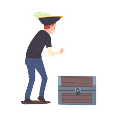 Young Man in Pirate Hat Standing and Looking at Chest with Treasures, Person Playing Quest Reality Game Vector Illustration