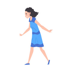 Side View of Brunette Woman Walking Wearing Blue Dress Vector Illustration