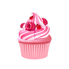Fruit muffin realistic vector illustration. Cupcake with raspberries. Romantic dessert, Valentines Day bakery. Homemade pastry with berries and whipped cream 3d isolated object on white background