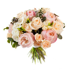 isolated wedding bouquet with roses and freesia