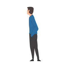 Young Man in Casual Clothes Standing and Looking Back, Side View Vector Illustration