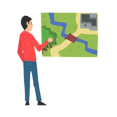 Young Man Looking at Wall with Map, Person Playing Quest Reality Game Vector Illustration