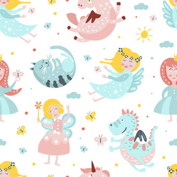 Cute Fairy Tale Characters Seamless Pattern, Dragon, Princess, Unicorn, Fairy, Gnome, Creative Childish Fabric, Wallpaper, Packaging