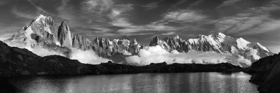 Fototapeta Black and white fine art summer view of the Alps with Mont Blanc (Monte Bianco) on background, Chamonix location. Beautiful outdoor scene in Vallon de Berard Nature Reserve, Graian Alps, France Europe