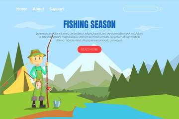 Fishing Season Landing Page Template Web Page, Fisherman Relaxing and Fishing on Beautiful Mountain Landscape, Active Sparetime at Nature Mobile App, Homepage Vector Illustration