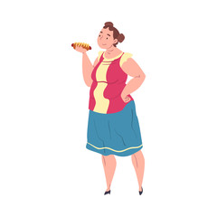 Plump Woman Eating Hotdog, Plus Size Woman Enjoying of Fast Food Dish, Unhealthy Lifestyle Vector Illustration