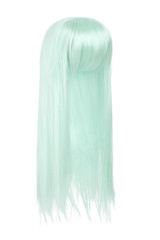 Subject shot of a lustrous pale mint wig with bangs and straight strands. The long wig is isolated on the white background. 