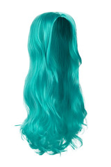 Subject shot of a lustrous turquoise wig without bangs. The long wig with wavy strands is isolated on the white background. 
