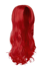 Subject shot of a lustrous ruby red wig without bangs. The long wig with wavy strands is isolated on the white background. 