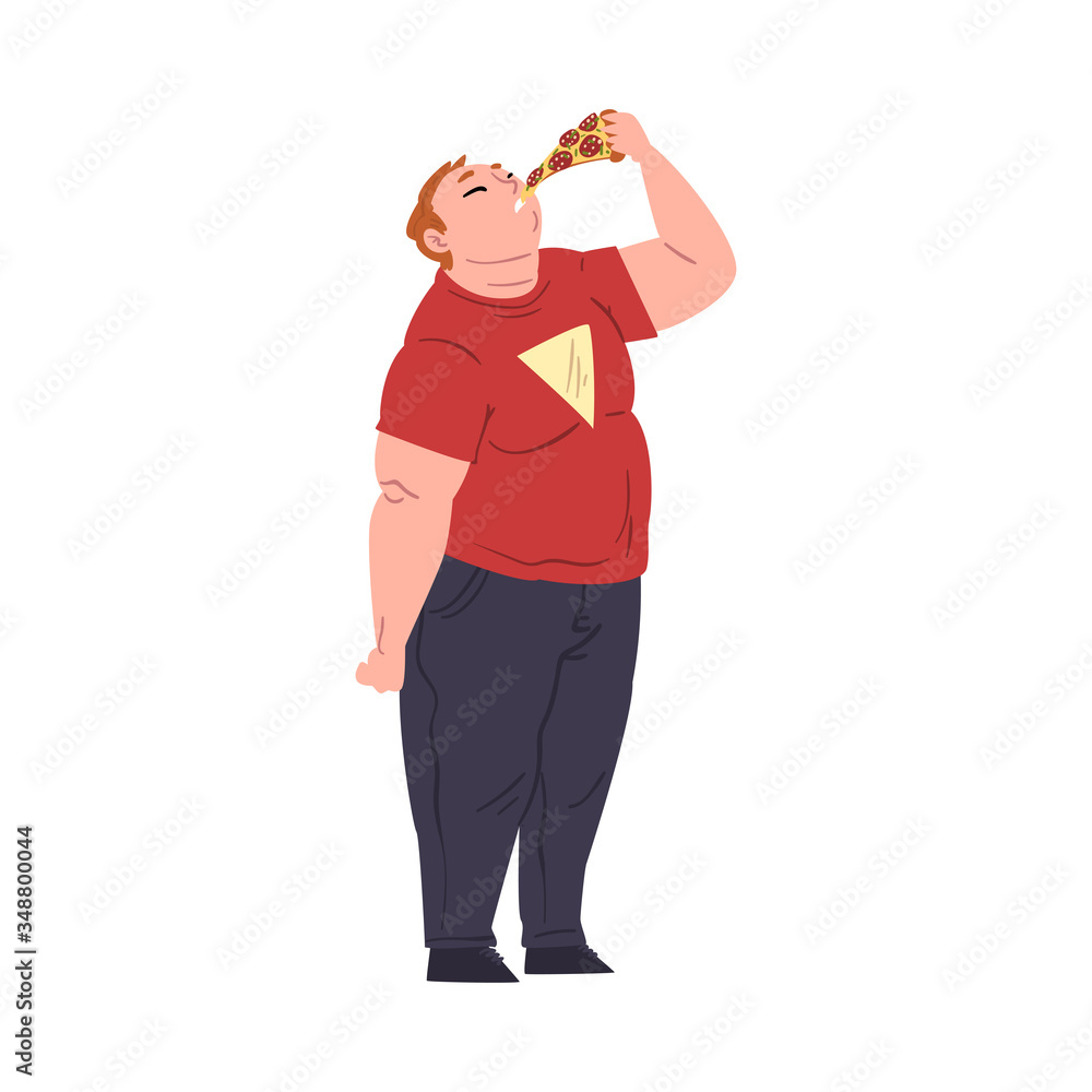 Sticker Fat Man Eating Pizza, Obese Guy Enjoying of Fast Food Dish, Unhealthy Diet and Lifestyle Vector Illustration