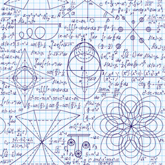 Math educational vector seamless pattern with handwritten formulas, figures and equations