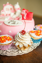 cake with cream and cherry on the cake background