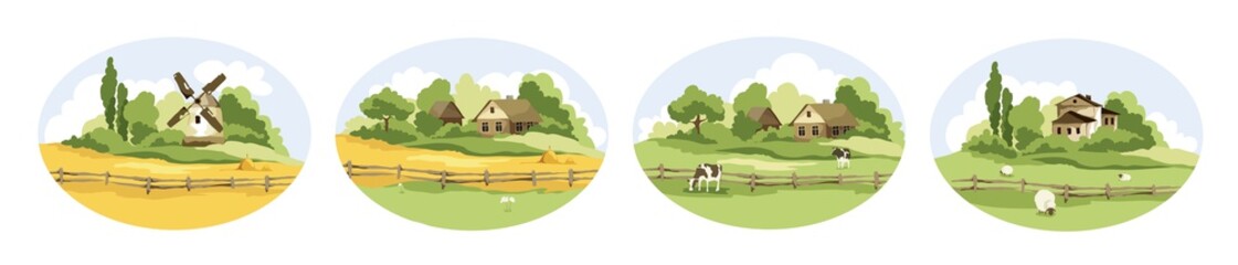 Logotypes with rural landscapes. Vector illustration, fields and meadows with cows, lambs, mill and village houses.