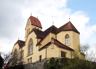 Fototapeta na wymiar An old castle and the Catholic church in Blumenfeld, Germany