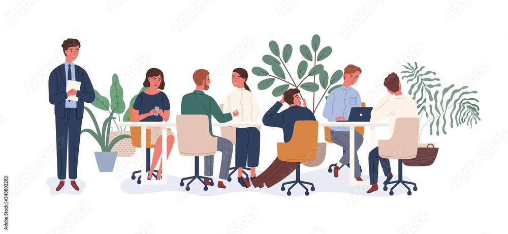 Poster new employee at collective vector flat illustration. male afraid public speaking in front of audienc