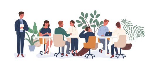 New employee at collective vector flat illustration. Male afraid public speaking in front of audience isolated on white. Chief giving dull team meeting to colleagues demonstrating lack of interest