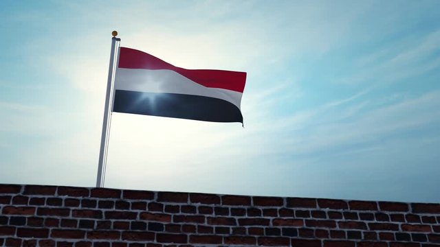 Yemen backlit flag waving over wall - 3d animation video