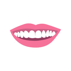 Smiling lips with teeth. Flat colorful vector illustration on white background can be used in greeting cards, posters, flyers, banners, promotions, dental invitations, etc. EPS10