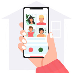 People talking together on video conference app phone call. Hand holding smartphone. Collective mobile team group call with friends, video conference communication. Flat vector illustration